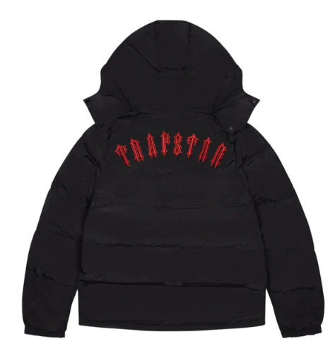 TRAPSTAR IRONGATE JACKET DETACHABLE HOOD BLACK W/ RED LETTERS