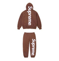 SUPREME SATIN APPLIQUE HOODED SWEATSHIRT & SWEATPANT SET BROWN