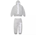 SUPREME SATIN APPLIQUE HOODED SWEATSHIRT & SWEATPANT SET GREY